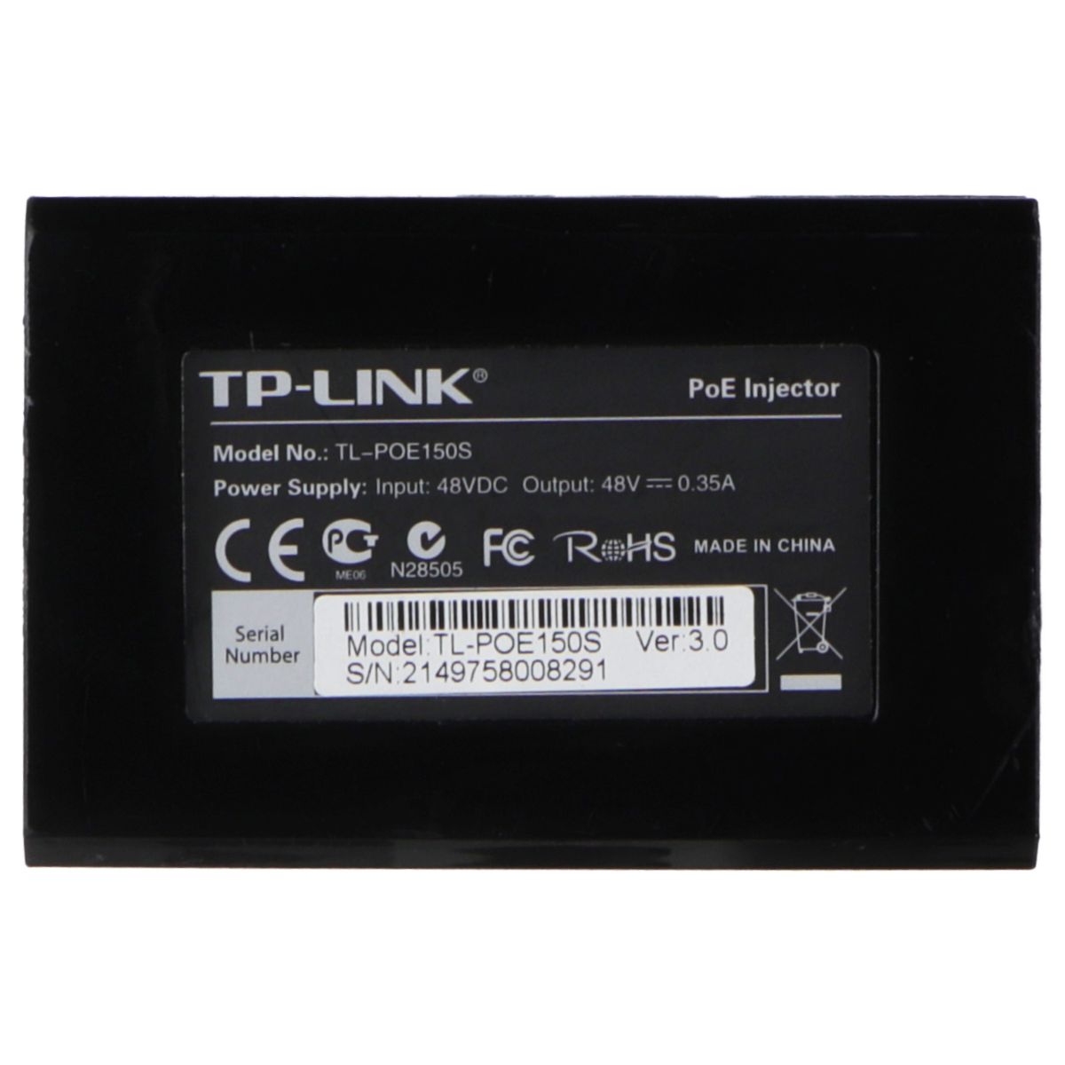 TP-LINK Power over Ethernet (PoE) Injector Adapter Model TL-POE150S - Black Networking - Wired Routers TP-LINK    - Simple Cell Bulk Wholesale Pricing - USA Seller