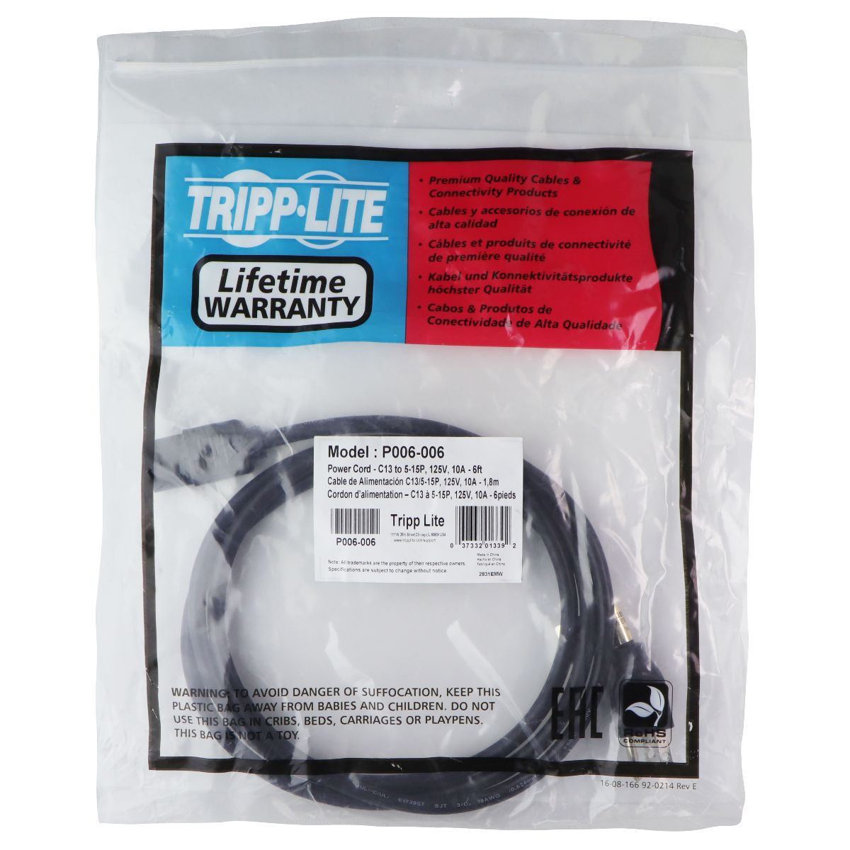 Tripp Lite Power Cable C13 (Female) to NEMA 5-15 (Male) - Black/6ft (P006-006) Multipurpose Batteries & Power - Multipurpose AC to DC Adapters Tripp Lite - Simple Cell Bulk Wholesale Pricing - USA Seller