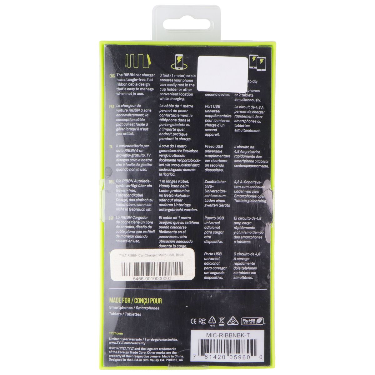 TYLT RIBBN Micro USB Car Charger for Phones and Tablets Black MIC-RIBBNBK-T Cell Phone - Chargers & Cradles TYLT - Simple Cell Bulk Wholesale Pricing - USA Seller