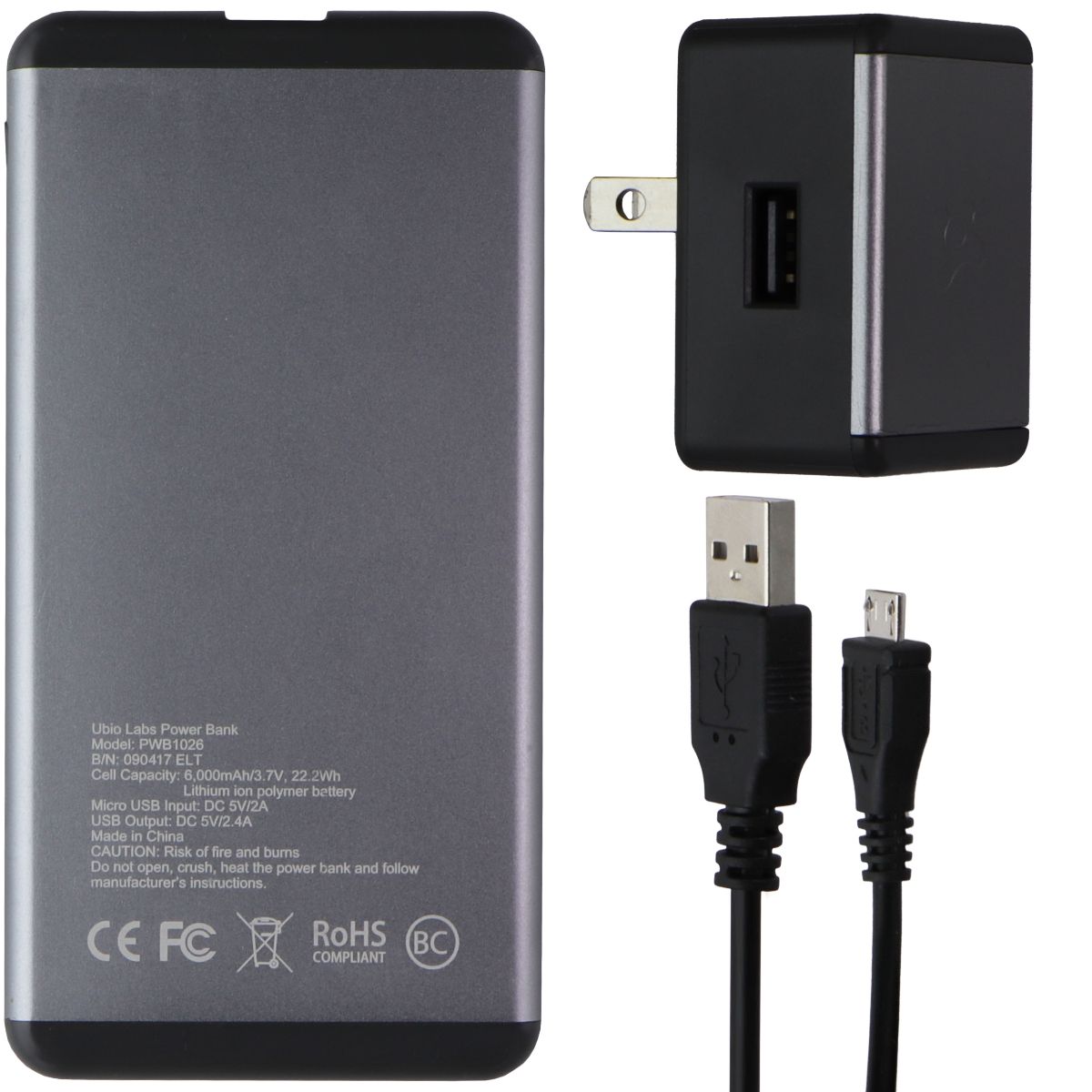 Ubiolabs Portable Power Bank (6,000mAh) with Single USB Port - Silver/Black Cell Phone - Chargers & Cradles ubiolabs    - Simple Cell Bulk Wholesale Pricing - USA Seller