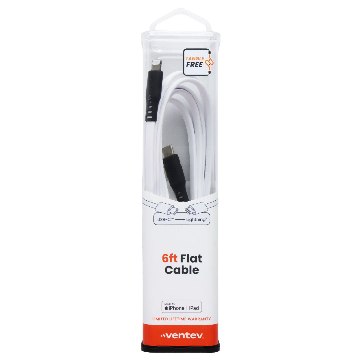 Ventev 6 Foot USB-C to Lightning 8-Pin Tangle Free Flat Cable - White