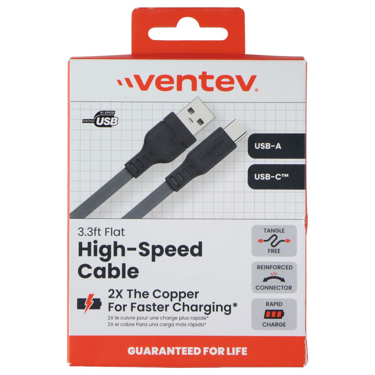 Ventev 3.3 Foot USB-A to USB-C High Speed Flat Cable - Gray