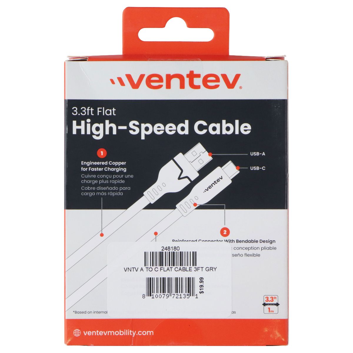 Ventev 3.3 Foot USB-A to USB-C High Speed Flat Cable - Gray