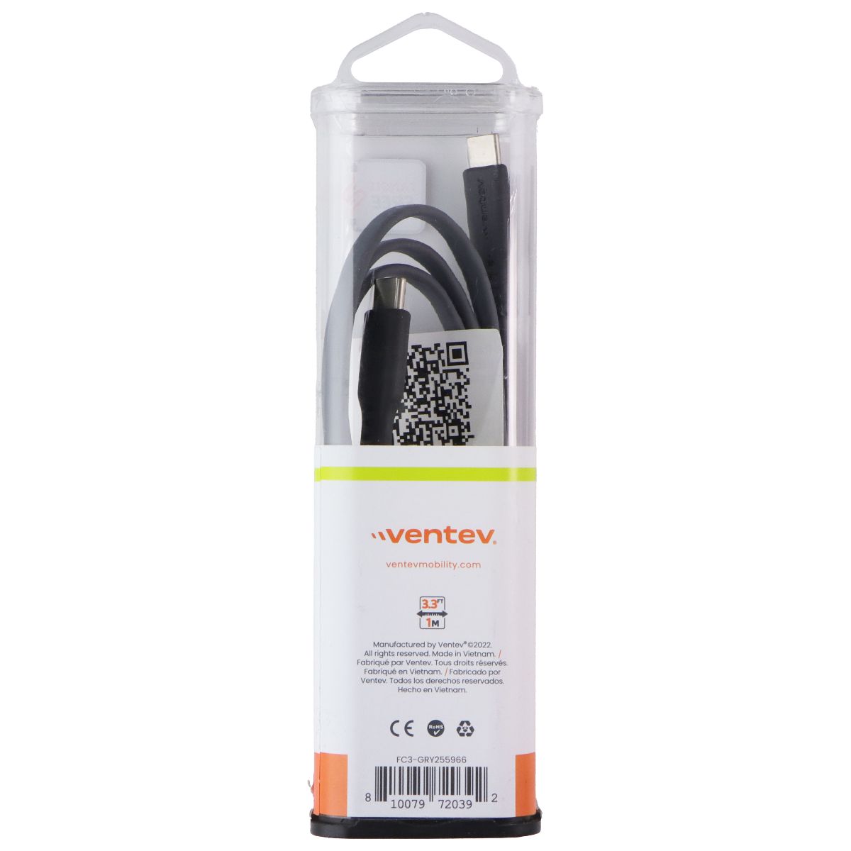 Ventev (3.3ft/1m) USB-C to USB-C Hi-Speed Flat Cable - Gray (FC3-GRY255966) Cell Phone - Cables & Adapters Ventev - Simple Cell Bulk Wholesale Pricing - USA Seller
