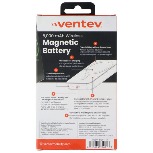 Ventev 5000 mAh Wireless Magnetic Battery (USB-C) - White (MCBAT-5K257464) Cell Phone - Chargers & Cradles Ventev - Simple Cell Bulk Wholesale Pricing - USA Seller