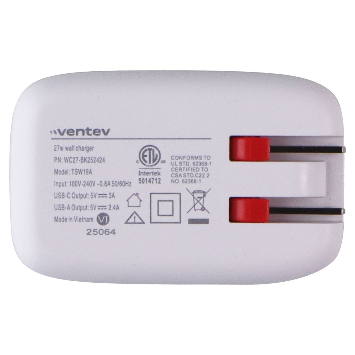 Ventev 27W USB-A/USB-C Dual Port Wall Charger - Gray Cell Phone - Chargers & Cradles Ventev - Simple Cell Bulk Wholesale Pricing - USA Seller