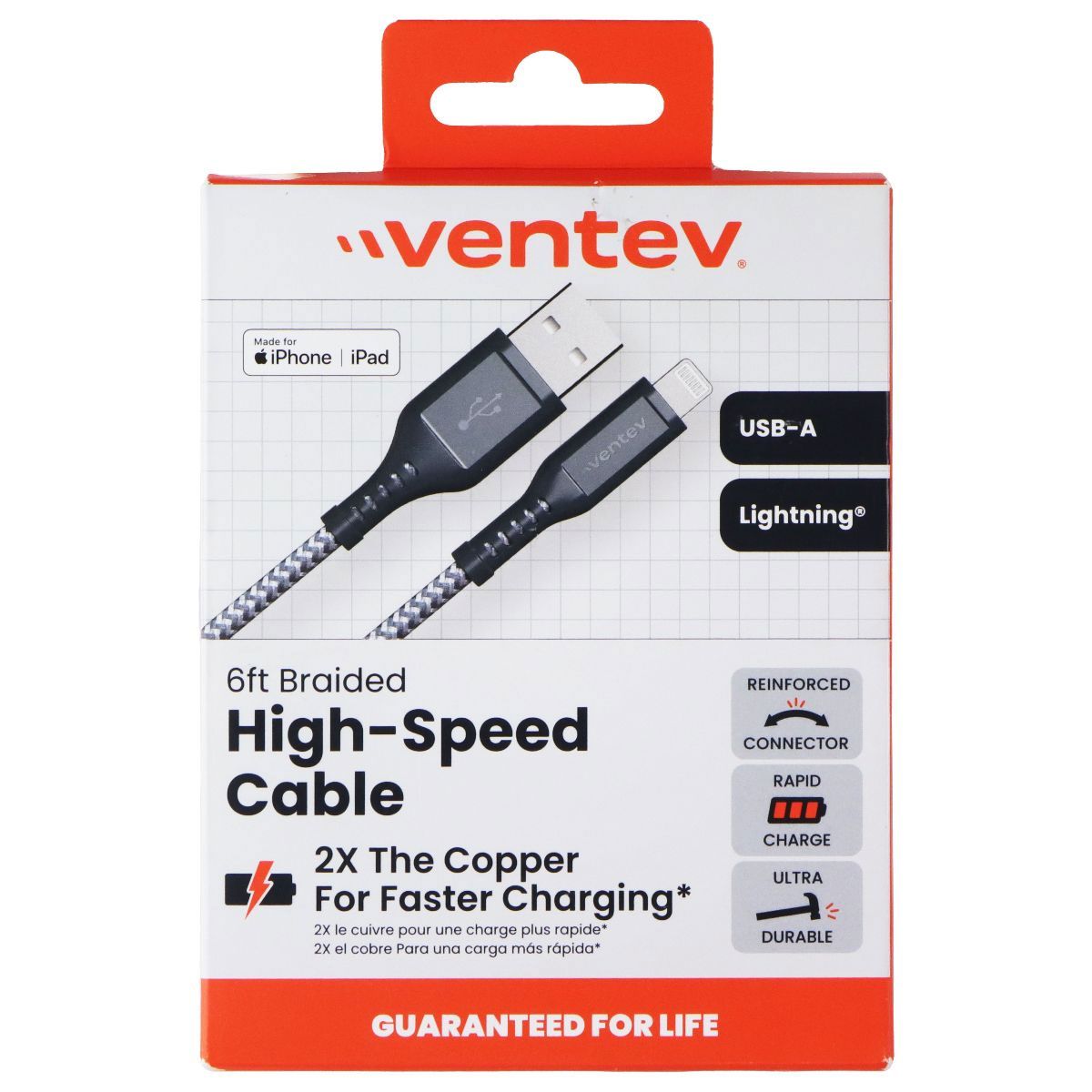 Ventev 6-Foot Braided High Speed USB-A to 8-Pin Cable - Gray Cell Phone - Cables & Adapters Ventev - Simple Cell Bulk Wholesale Pricing - USA Seller