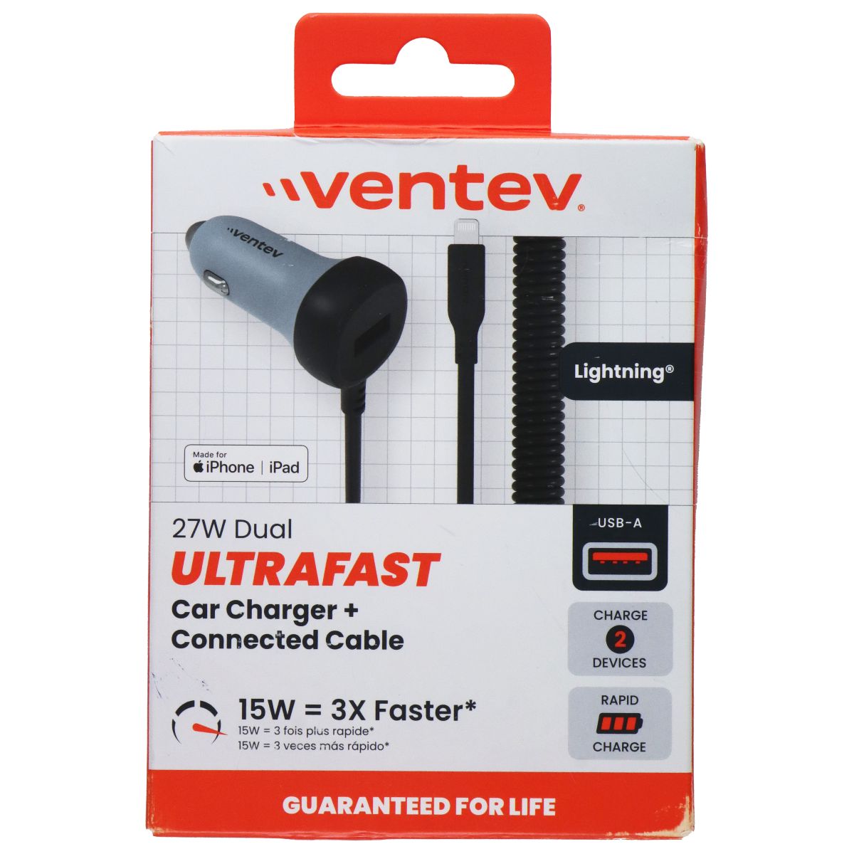 Ventev 27W Dual Car Charger (USB-A Port + Connected 8-Pin Cable) - Gray/Black Cell Phone - Chargers & Cradles Ventev - Simple Cell Bulk Wholesale Pricing - USA Seller