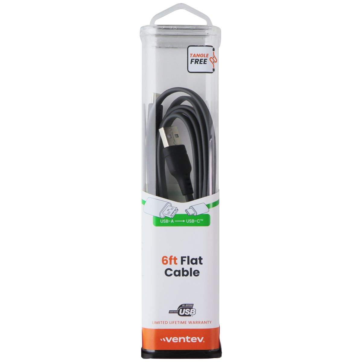 Ventev 6 Foot USB-A to USB-C High Speed Tangle Free Flat Cable - Gray Cell Phone - Cables & Adapters Ventev - Simple Cell Bulk Wholesale Pricing - USA Seller