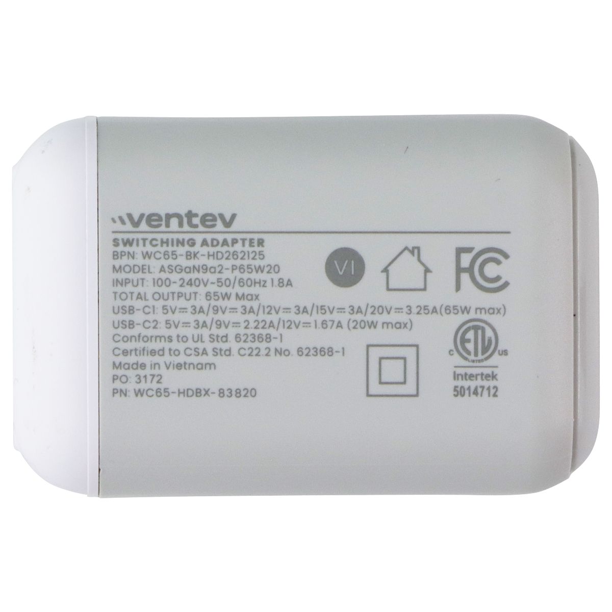 Ventev 65W Dual USB-C GaN Ultrafast Mini Wall Charger - White Cell Phone - Chargers & Cradles Ventev - Simple Cell Bulk Wholesale Pricing - USA Seller