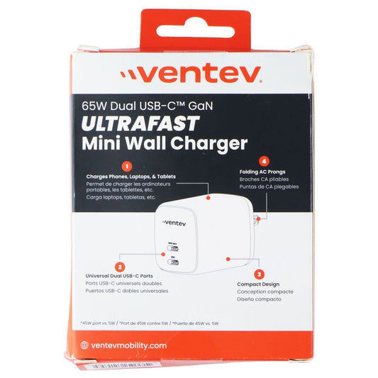 Ventev 65W Dual USB-C GaN Ultrafast Mini Wall Charger - White Cell Phone - Chargers & Cradles Ventev - Simple Cell Bulk Wholesale Pricing - USA Seller