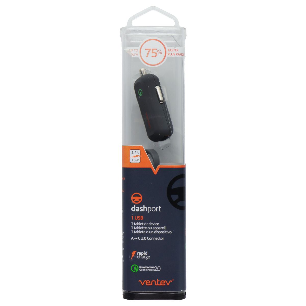 Ventev Dashport Mini Quick Charge 2.0 Car Charger with USB-C Cable - Gray Cell Phone - Chargers & Cradles Ventev - Simple Cell Bulk Wholesale Pricing - USA Seller