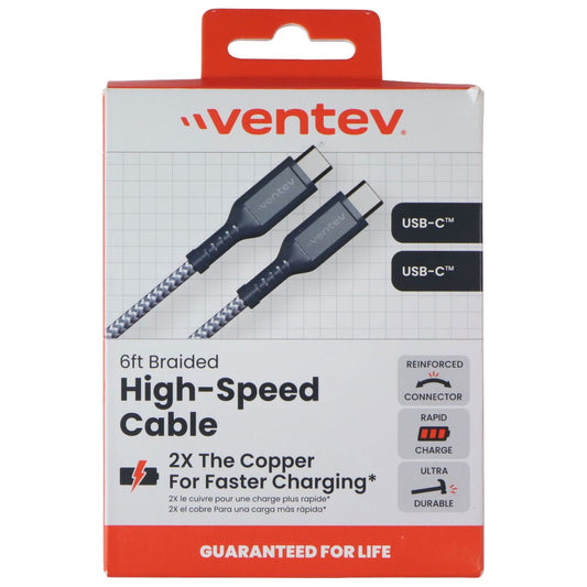 Ventev (6-Foot) USB-C to USB-C Braided High-Speed Cable - Black/Gray Cell Phone - Cables & Adapters Ventev - Simple Cell Bulk Wholesale Pricing - USA Seller