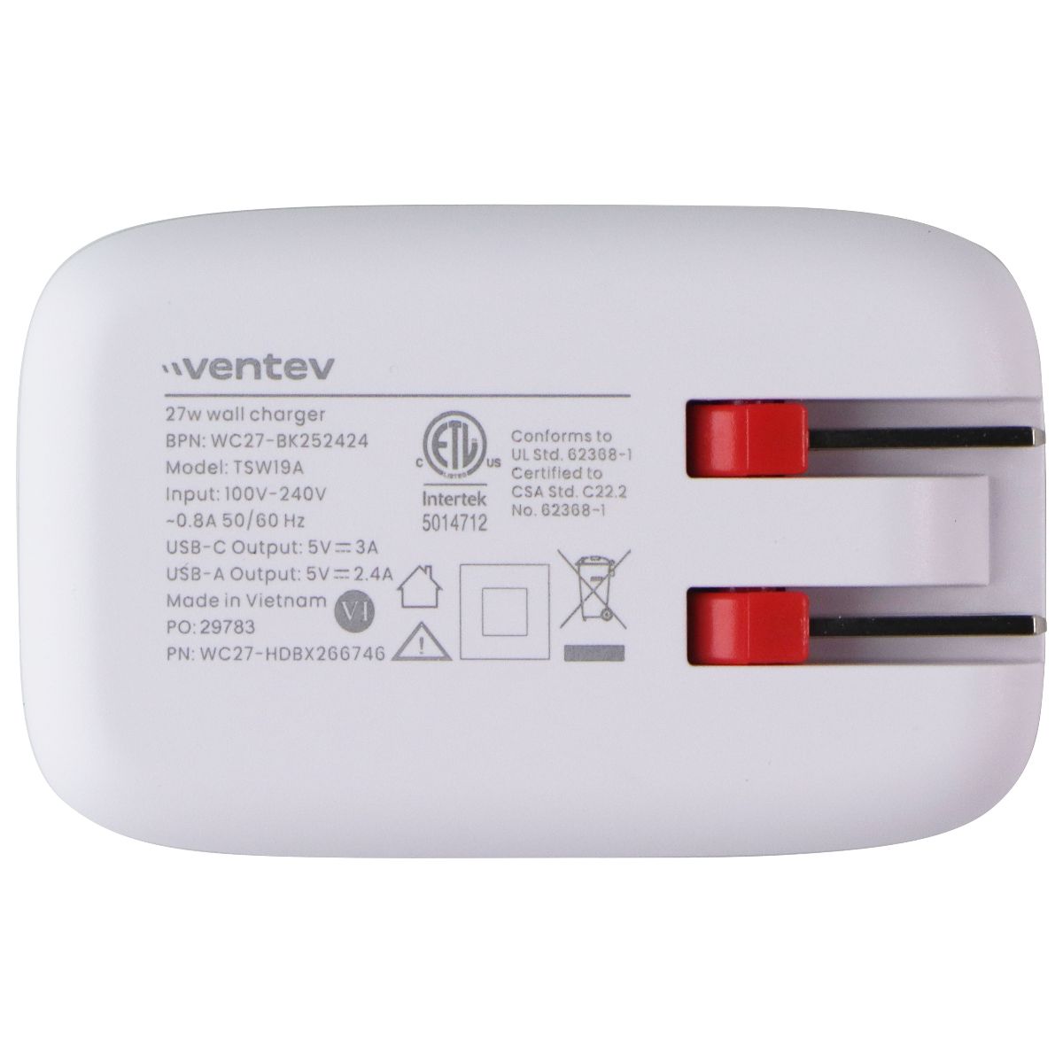Ventev 27W (USB-A + USB-C) Dual Port Ultra Fast Wall Charger - Gray / White