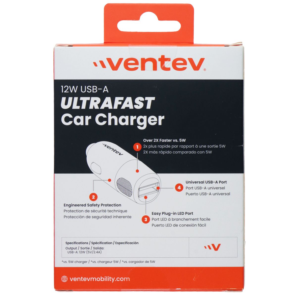 Ventev (12W) USB-A Single Port UltraFast Car Charger - Gray/Black