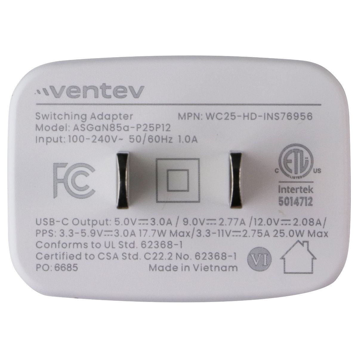 Ventev (25W) USB-C Wall Charger/Switching Adapter - White (ASGaN85a-P25P12) Cell Phone - Cables & Adapters Ventev - Simple Cell Bulk Wholesale Pricing - USA Seller