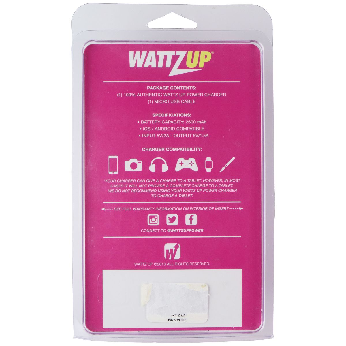 WATTZUP Portable Single Port Charger w/USB-A to Micro-USB Cable - Pepto Dismal Cell Phone - Chargers & Cradles WATTZUP - Simple Cell Bulk Wholesale Pricing - USA Seller