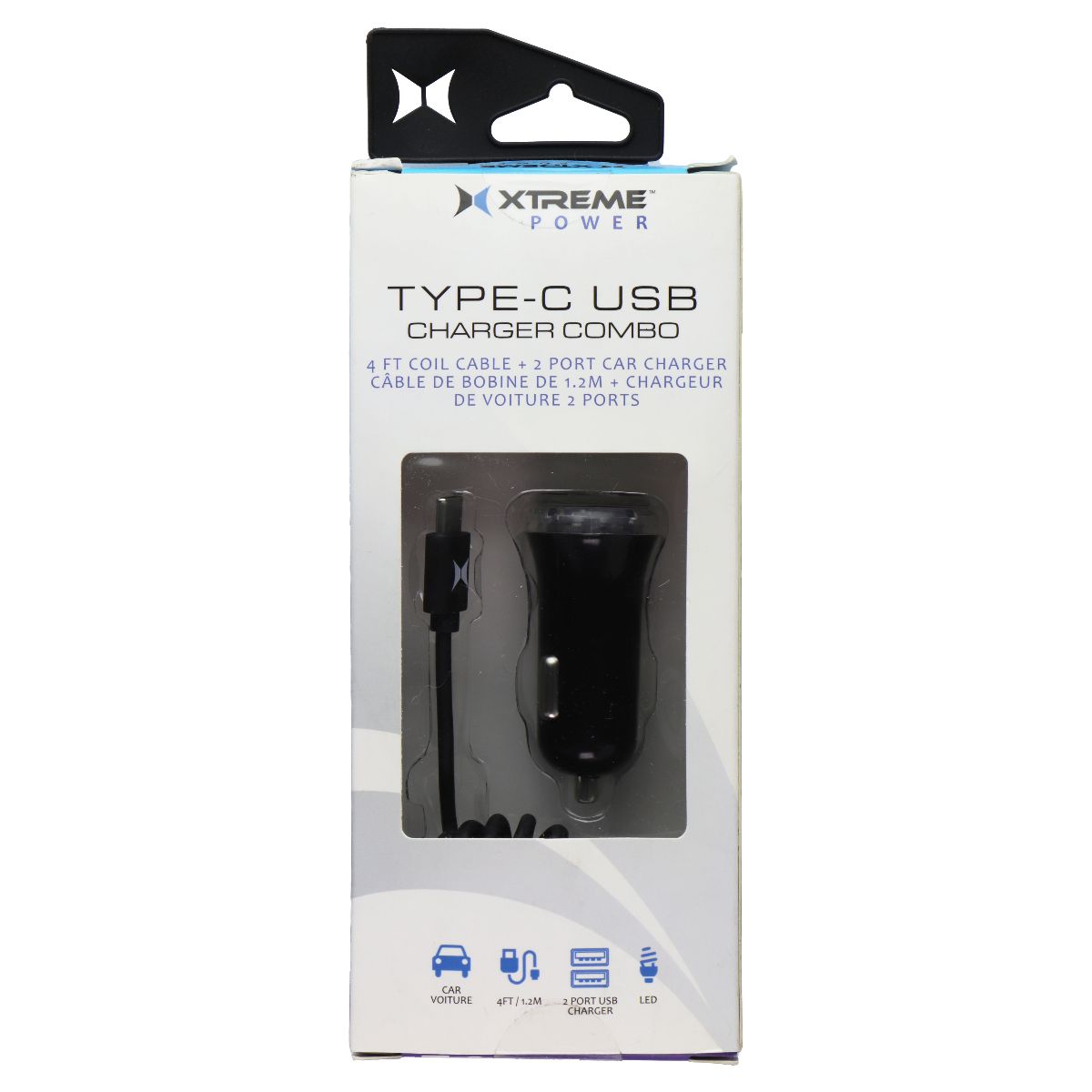 Xtreme Power Dual USB Car Charger with 4-Ft USB-C Coil Cable - Black Cell Phone - Chargers & Cradles Xtreme Power - Simple Cell Bulk Wholesale Pricing - USA Seller