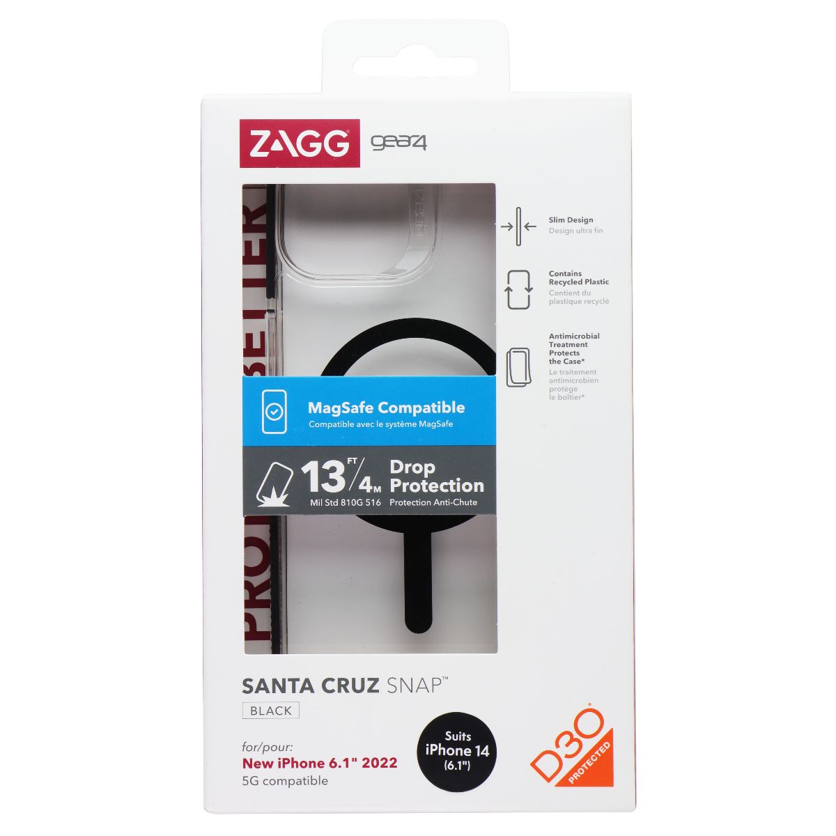 ZAGG Gear4 Santa Cruz Snap Case for MagSafe for Apple iPhone 14 - Black/Clear Cell Phone - Cases, Covers & Skins Zagg - Simple Cell Bulk Wholesale Pricing - USA Seller