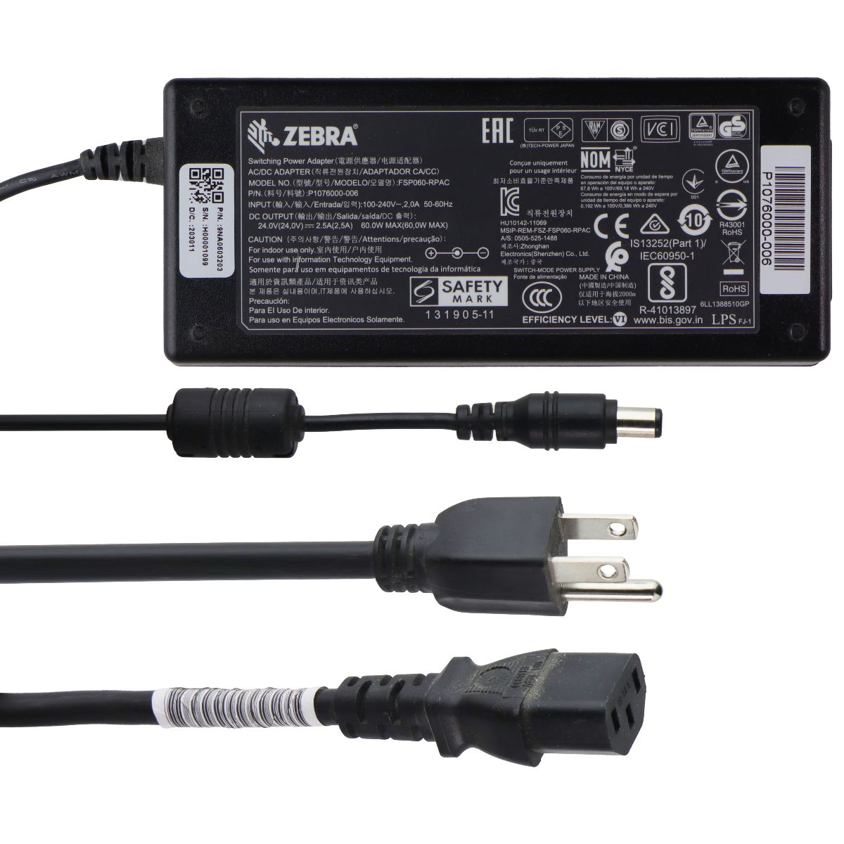 Zebra 24V/2.5A 60W Switching Power Adapter (FSP060-RPAC) - Black Multipurpose Batteries & Power - Multipurpose AC to DC Adapters Zebra - Simple Cell Bulk Wholesale Pricing - USA Seller