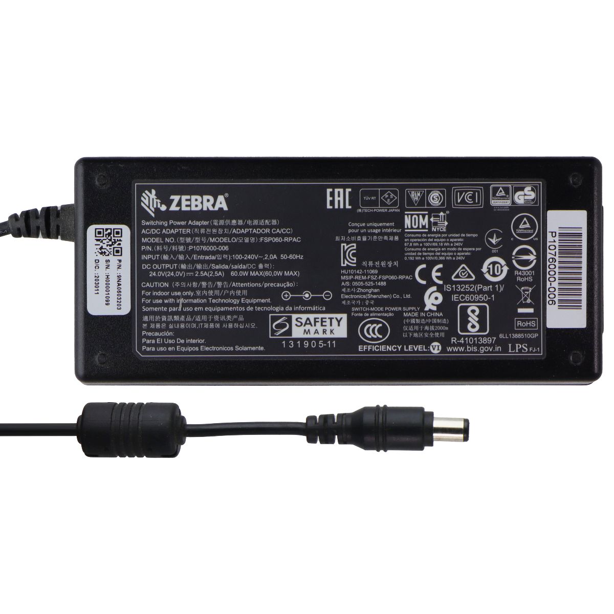 Zebra 24V/2.5A 60W Switching Power Adapter (FSP060-RPAC) - Black Multipurpose Batteries & Power - Multipurpose AC to DC Adapters Zebra - Simple Cell Bulk Wholesale Pricing - USA Seller