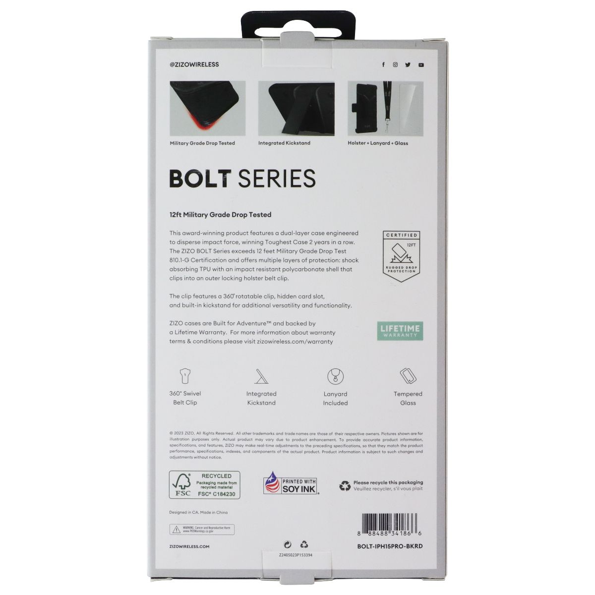 ZIZO Bolt Series (Case / Screen / Holster) for Apple iPhone 15 Pro - Black/Red