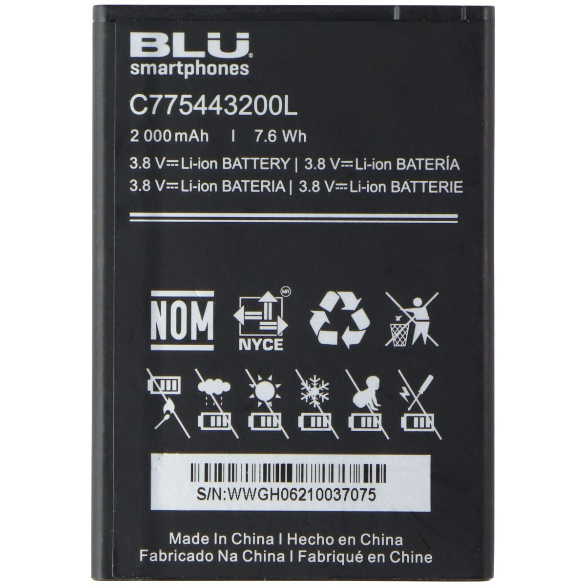 BLU (C775443200L) Lithium-Ion Battery (3.8V/7.6Wh/2000mAh) - Black Computer Parts - Power Supplies BLU - Simple Cell Bulk Wholesale Pricing - USA Seller