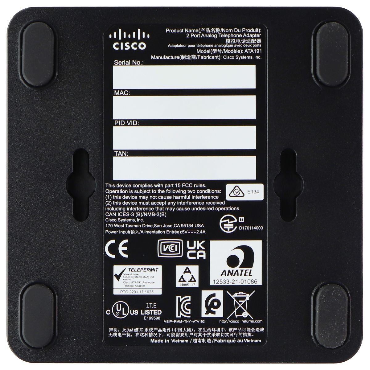 Cisco VoIP Dual Port Analog Telephone Adapter (ATA191-K9) - Black Networking - VoIP Phone Adapters Cisco - Simple Cell Bulk Wholesale Pricing - USA Seller