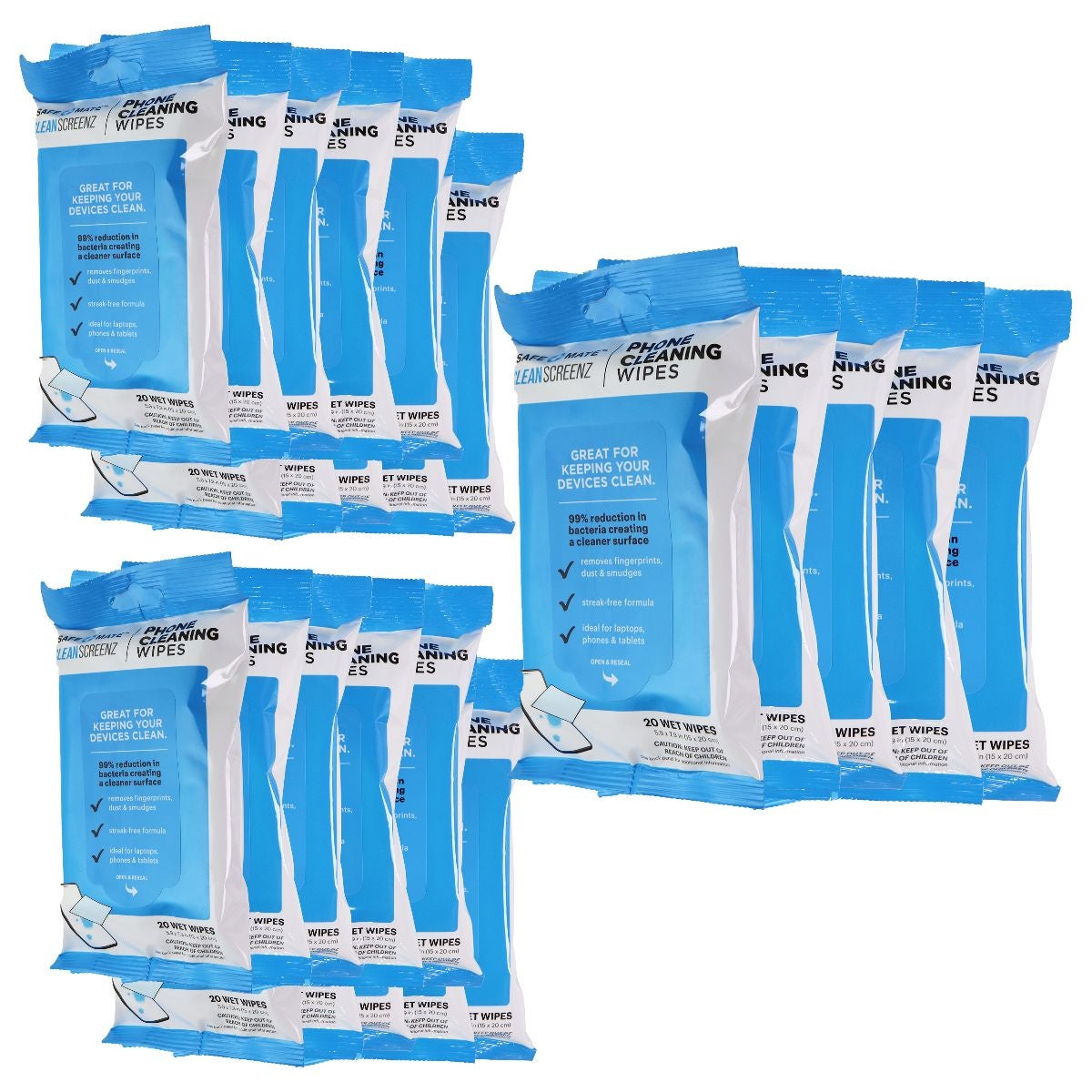 25 Packs of SafeMate Screenz Phone Cleaning Wipes (20 Wipe Per Pack, 5.9x7.9in) Cell Phone - Replacement Parts & Tools SafeMate - Simple Cell Bulk Wholesale Pricing - USA Seller