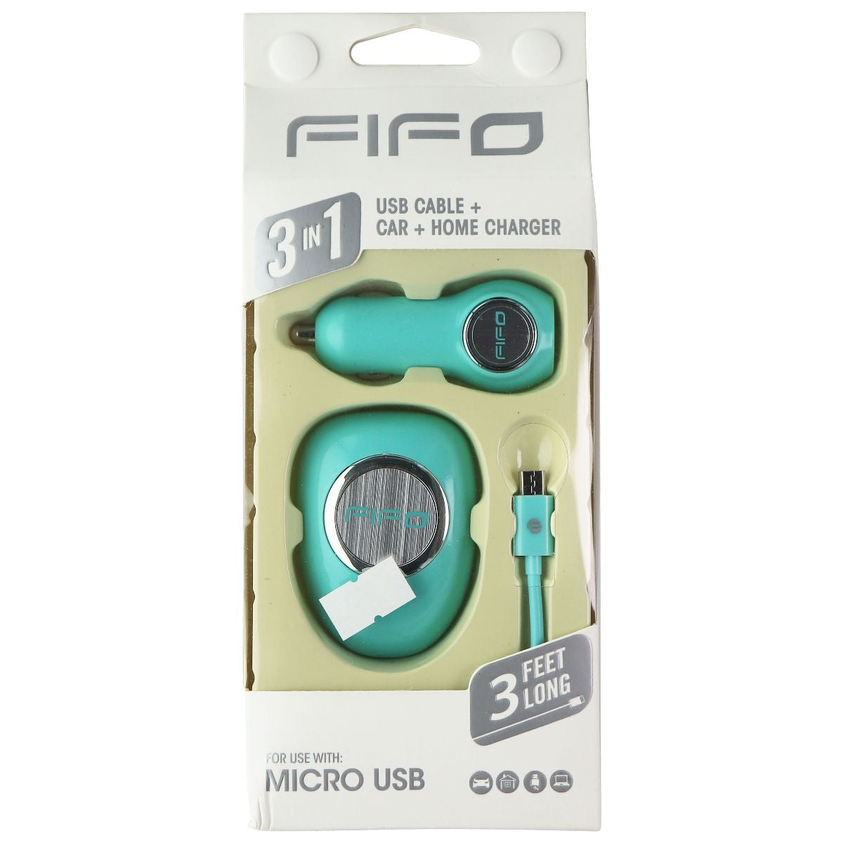FIFO 3-in-1 Car + Wall USB Charger and 3-Ft Micro-USB Cable Combo - Teal Cell Phone - Chargers & Cradles FIFO    - Simple Cell Bulk Wholesale Pricing - USA Seller