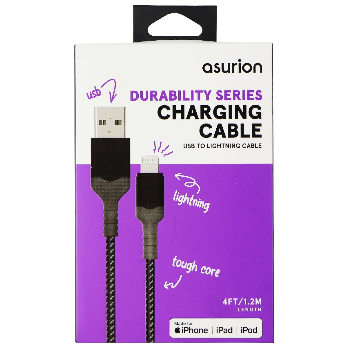 Asurion Durability (4-FT) Lightning 8-Pin to USB Braided MFi Cable - Black Cell Phone - Cables & Adapters Asurion - Simple Cell Bulk Wholesale Pricing - USA Seller