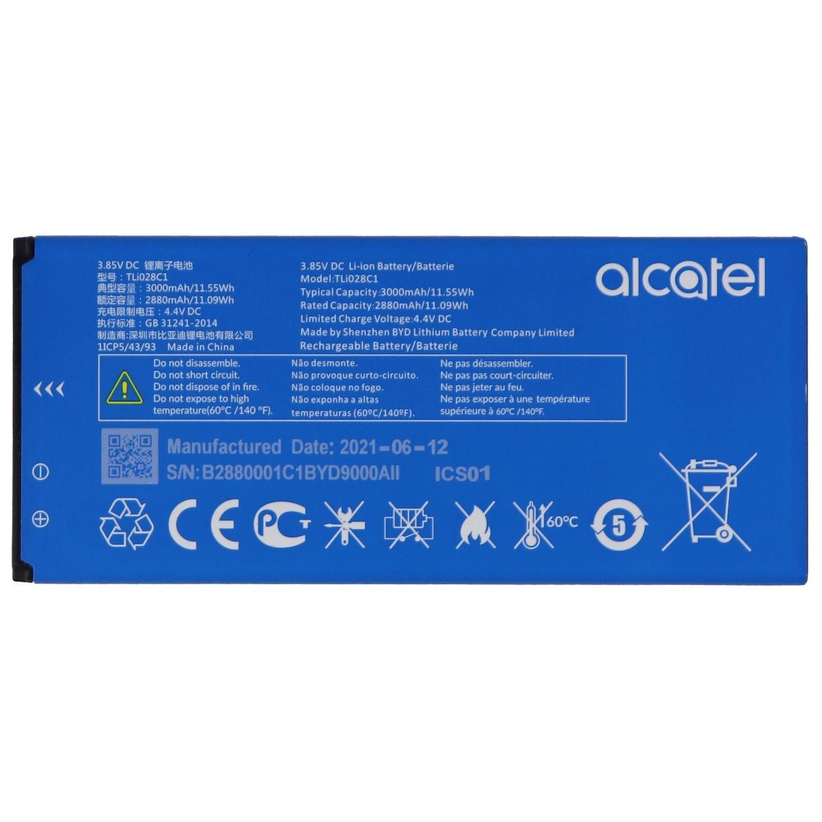 Alcatel Replacement 3000mAh / 3.85V Li-ion Battery for Alcatel (TLi028C1) Cell Phone - Batteries Alcatel    - Simple Cell Bulk Wholesale Pricing - USA Seller