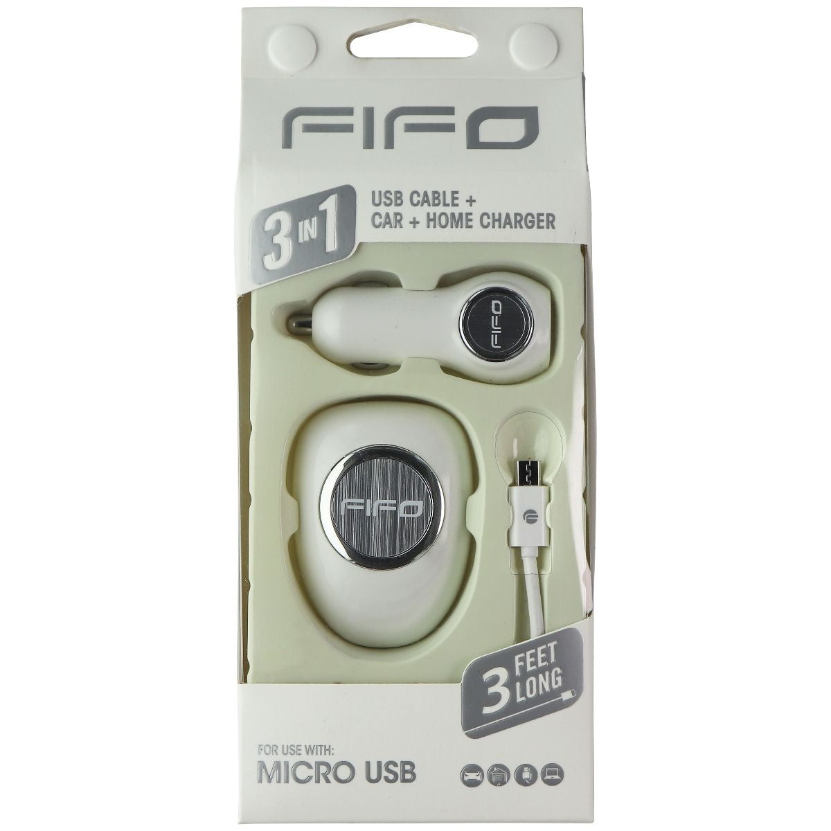 FIFO 3-in-1 Car + Wall USB Charger and 3-Ft Micro-USB Cable Combo - White Cell Phone - Chargers & Cradles FIFO - Simple Cell Bulk Wholesale Pricing - USA Seller