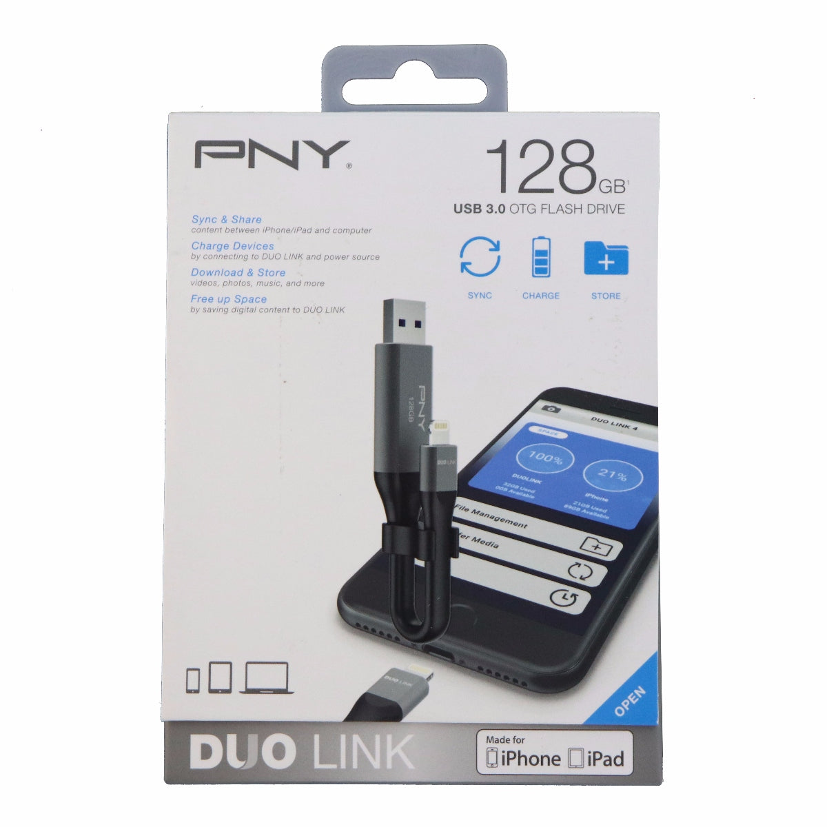 PNY 128GB Duo Link USB 3.0 On the Go Flash Drive for iPhone and iPads Digital Storage - USB Flash Drives PNY    - Simple Cell Bulk Wholesale Pricing - USA Seller