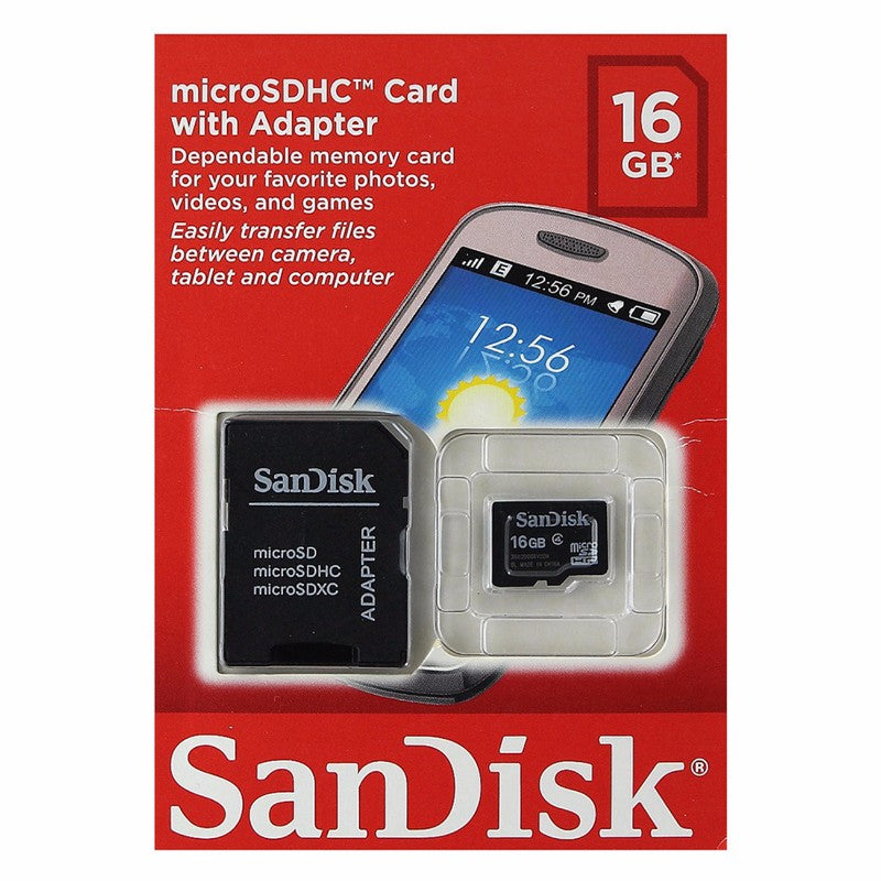 SanDisk 16GB Micro SDHC Class 4 Memory Card with Adapter Digital Camera - Memory Cards SanDisk - Simple Cell Bulk Wholesale Pricing - USA Seller