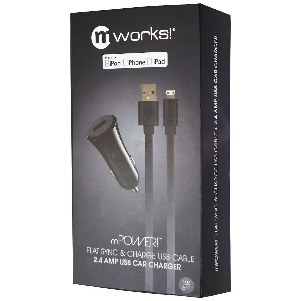 mWorks! (2.4-Amp) Car Adapter with 6-Foot Lightning 8-Pin MFi Cable - Black Cell Phone - Chargers & Cradles mWorks! - Simple Cell Bulk Wholesale Pricing - USA Seller