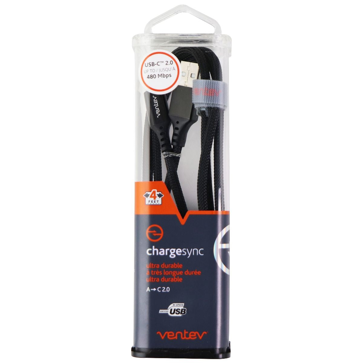 Ventev 4-Foot Chargesync Braided Alloy (USB-C) to USB Cable - Jet Black Cell Phone - Cables & Adapters Ventev - Simple Cell Bulk Wholesale Pricing - USA Seller