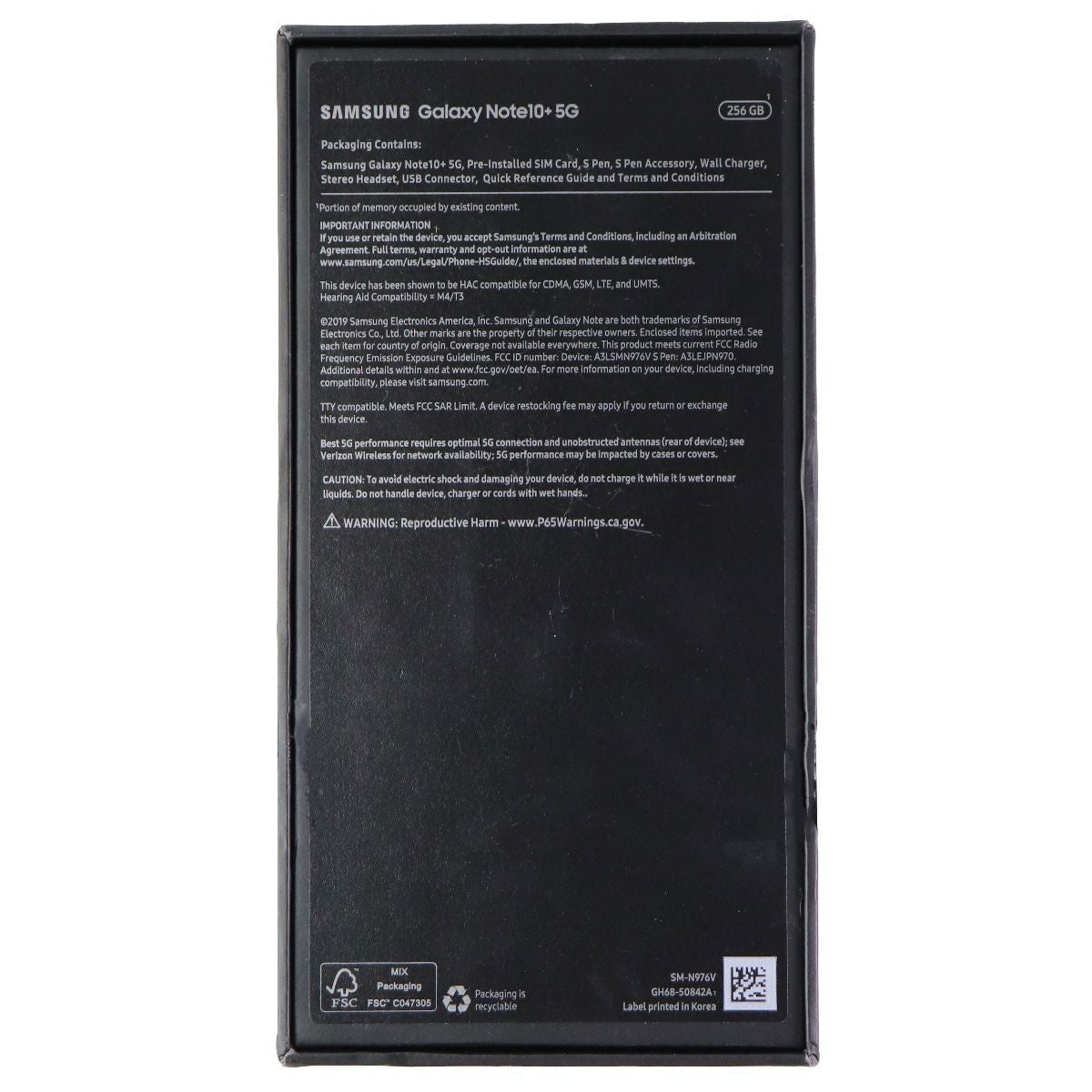RETAIL BOX - Samsung Galaxy Note10+ 5G (N976V) - 256GB / Black - NO DEVICE