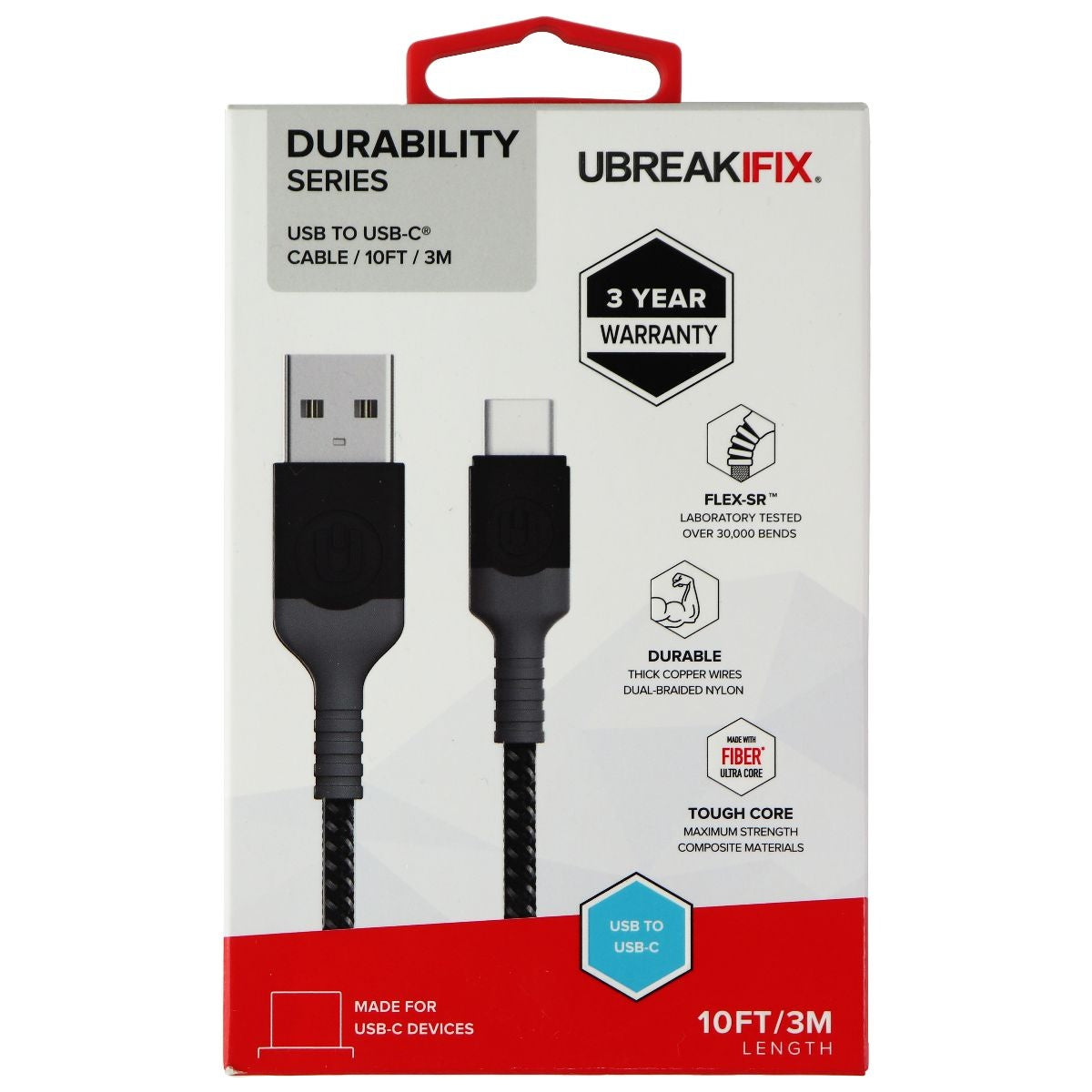 UBREAKIFIX (10-Ft) USB-C to USB Durability Cable for USB-C Devices - Black Cell Phone - Cables & Adapters UBREAKIFIX - Simple Cell Bulk Wholesale Pricing - USA Seller