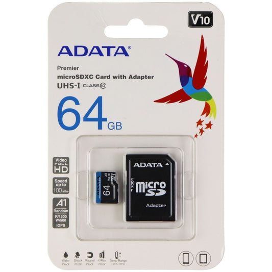 ADATA 64GB microSDXC Card with Adapter UHS-1 / Class 10 / V10/A1 Memory Card Cell Phone - Memory Cards ADATA    - Simple Cell Bulk Wholesale Pricing - USA Seller