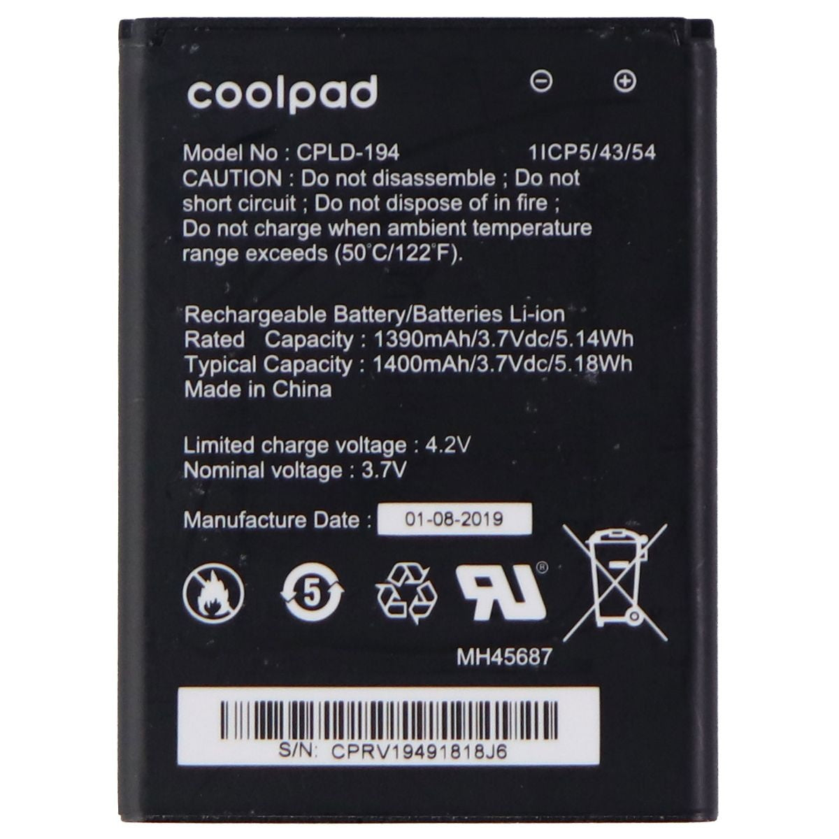 Coolpad OEM Rechargeable 3.7V 1390/1400mAh Battery - Black (CPLD-194) Cell Phone - Batteries Coolpad - Simple Cell Bulk Wholesale Pricing - USA Seller
