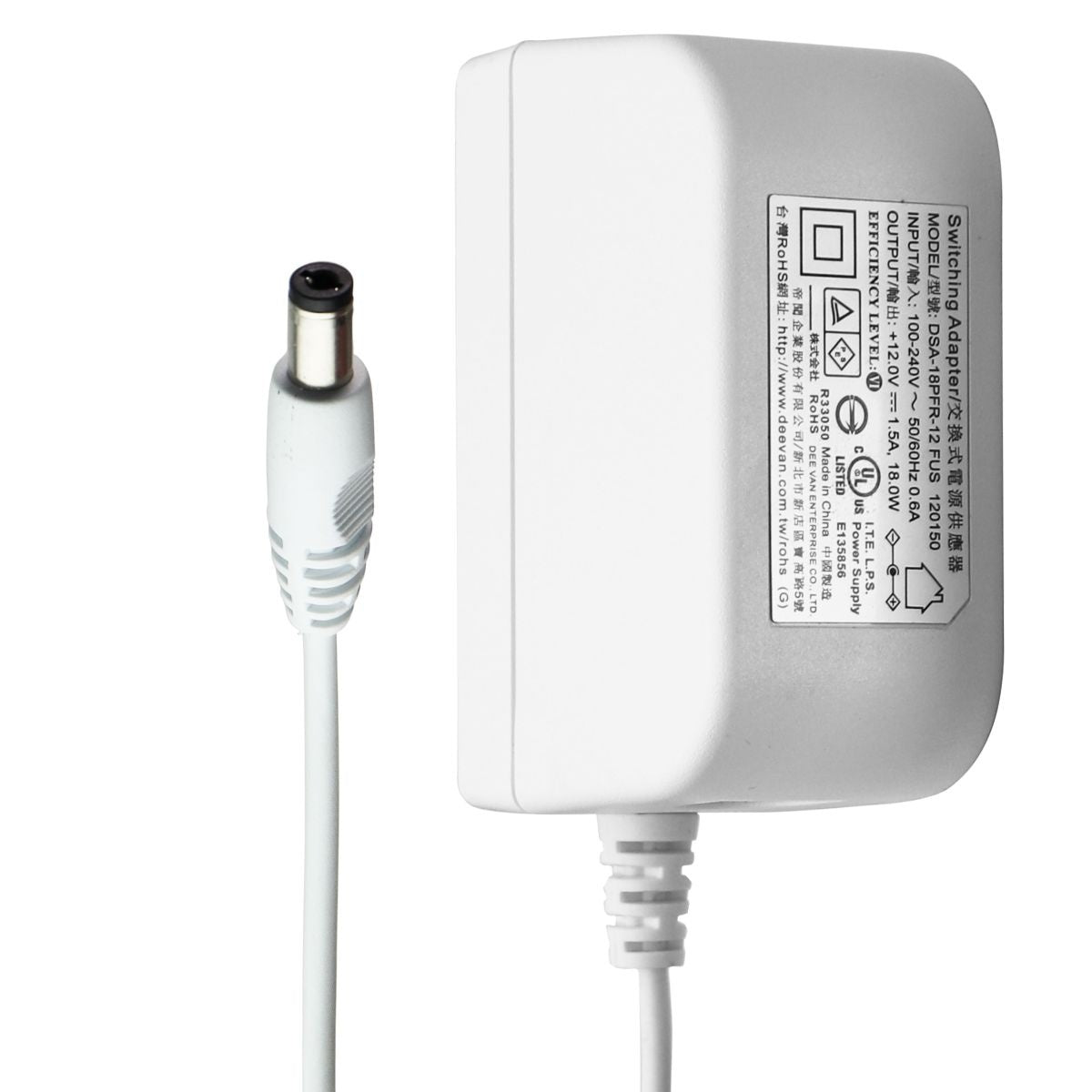 Dee Van (12V/1.5A) 18W Switching Adapter - White (DSA-18FR-12) Multipurpose Batteries & Power - Multipurpose AC to DC Adapters Dee Van Enterprise - Simple Cell Bulk Wholesale Pricing - USA Seller