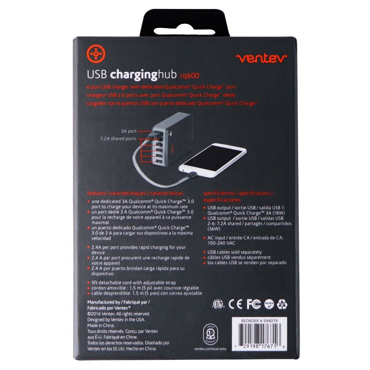 Ventev 10.2-AMP QC 3.0 (6-Port) Rapid USB Charging Hub RQ600 - Gray Computer/Network - USB Cables, Hubs & Adapters Ventev    - Simple Cell Bulk Wholesale Pricing - USA Seller