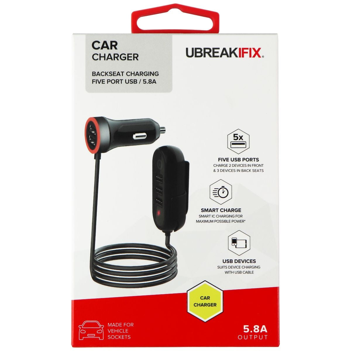 UBREAKIFIX 5 Port USB Car Charger (5.8A) - Black Cell Phone - Chargers & Cradles UBREAKIFIX    - Simple Cell Bulk Wholesale Pricing - USA Seller