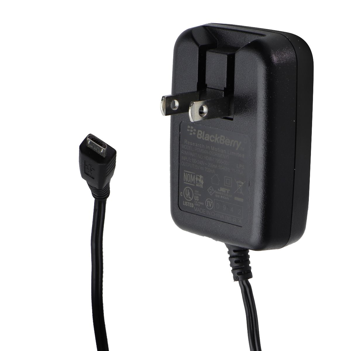 BlackBerry OEM (5V/700mA) Micro-USB Corded Wall Charger - Black (PSM04A-050RIM) Cell Phone - Chargers & Cradles Blackberry    - Simple Cell Bulk Wholesale Pricing - USA Seller