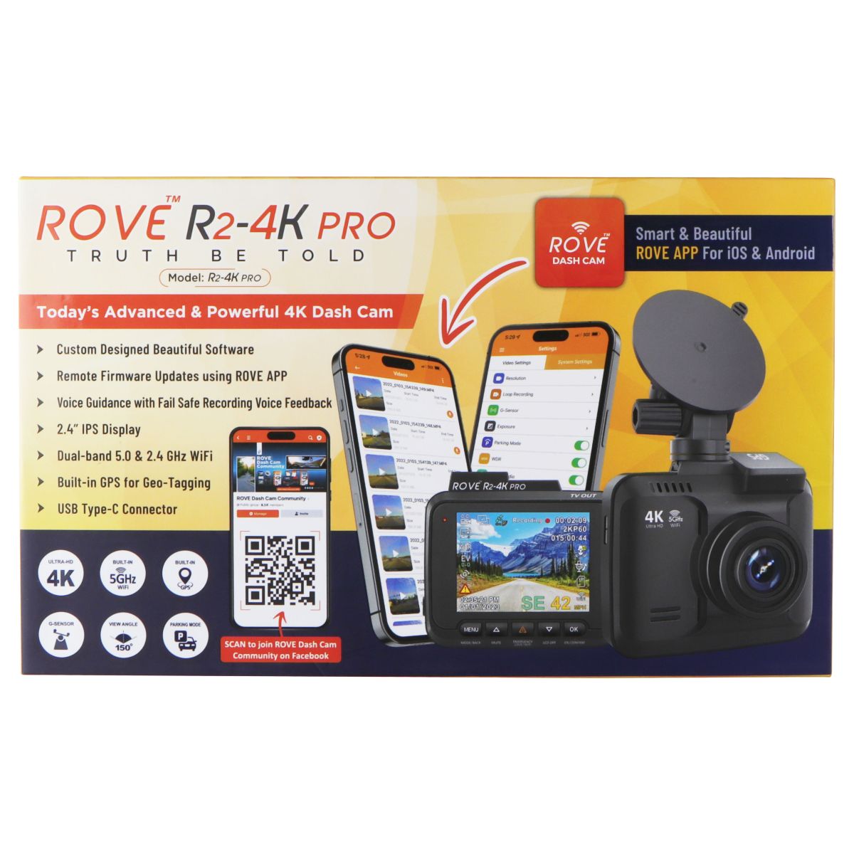 ROVE R2-4K PRO Dash Cam with Built-in GPS and 5G WiFi Dash Camera for Cars Car - Other Car Video ROVE    - Simple Cell Bulk Wholesale Pricing - USA Seller