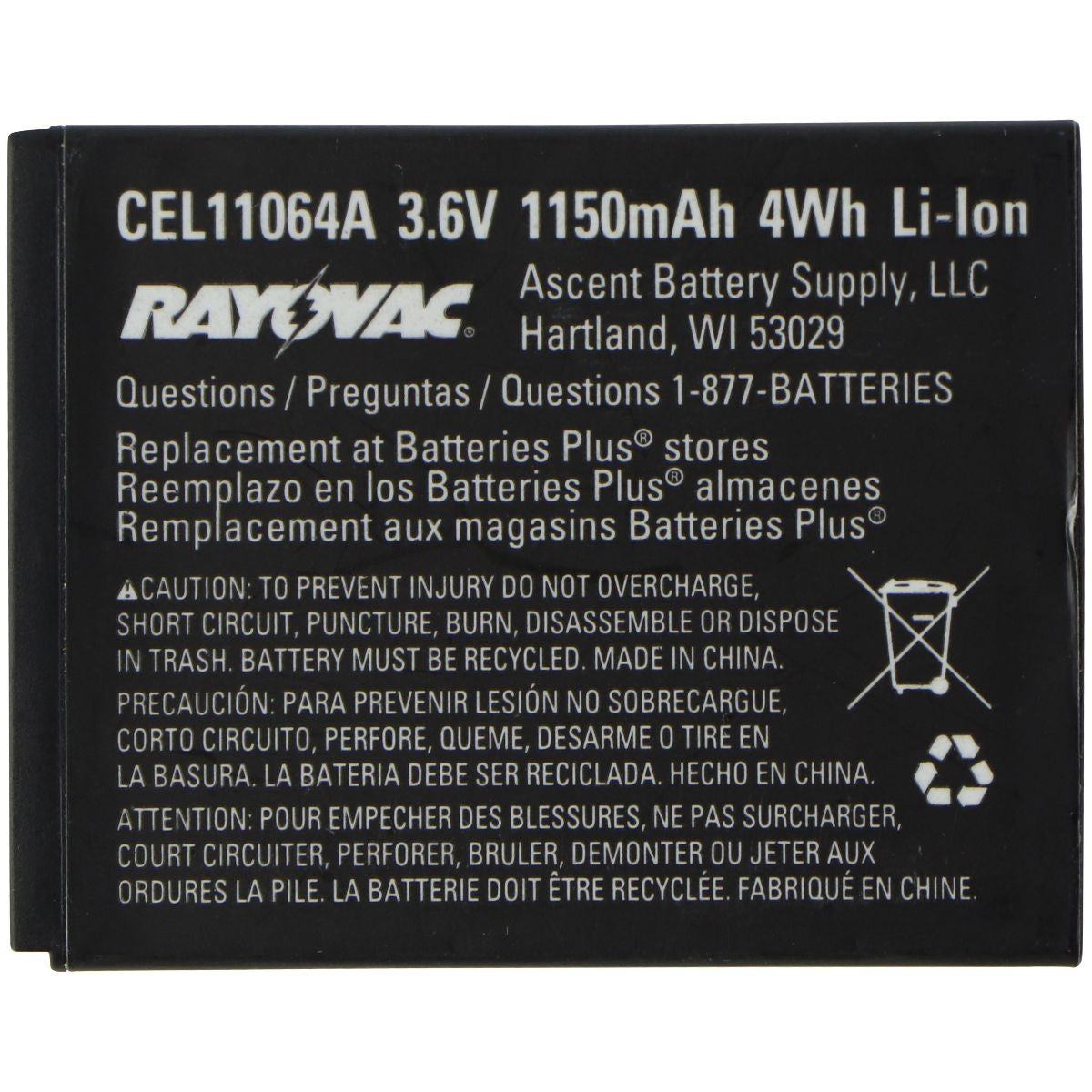 RAYOVAC CEL11064A (3.6V/1150mAh/4Wh) Li-Ion Cell/Smart Phone Battery Computer Parts - Power Supplies Rayovac    - Simple Cell Bulk Wholesale Pricing - USA Seller
