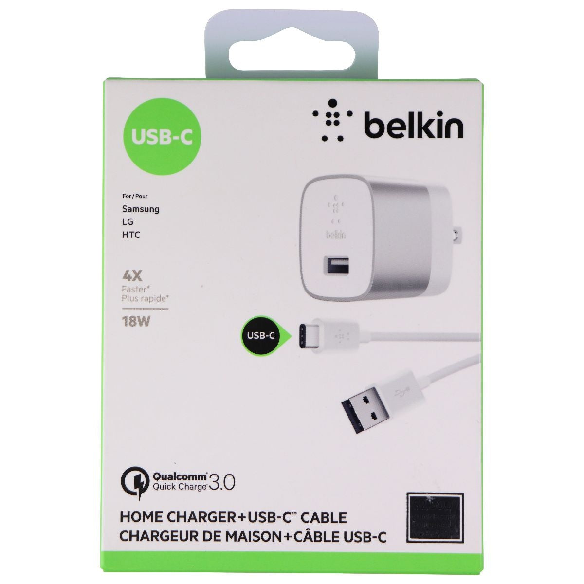 Belkin (18-Watt) Qualcomm QC 3.0 Wall Adapter and USB-C Cable - White/Silver Cell Phone - Chargers & Cradles Belkin    - Simple Cell Bulk Wholesale Pricing - USA Seller