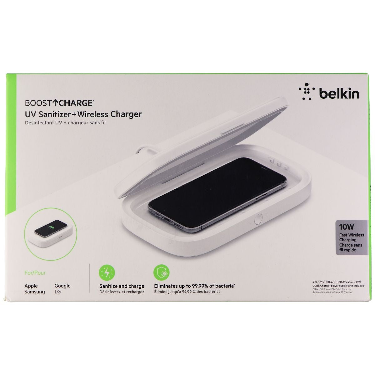 Belkin UV Sanitizer + 10W Wireless Charger for Smartphones - White Cell Phone - Chargers & Cradles Belkin    - Simple Cell Bulk Wholesale Pricing - USA Seller