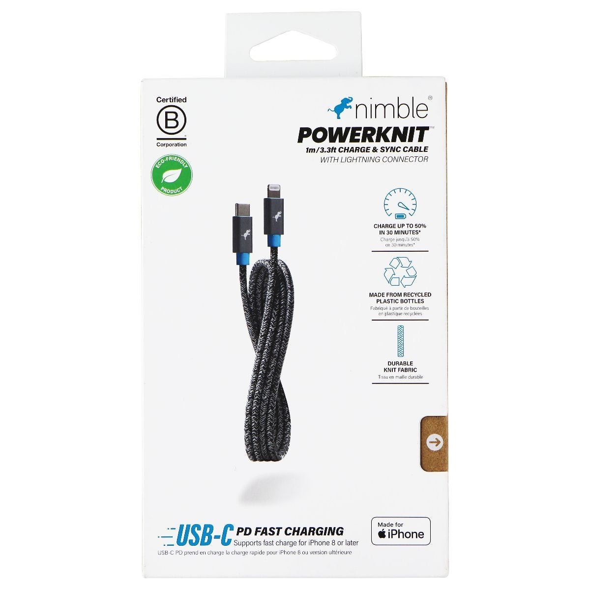 Nimble Powerknit (3.3ft/1m) Lightning 8-Pin to USB-C Charge & Sync Cable - Gray Cell Phone - Cables & Adapters Nimble    - Simple Cell Bulk Wholesale Pricing - USA Seller